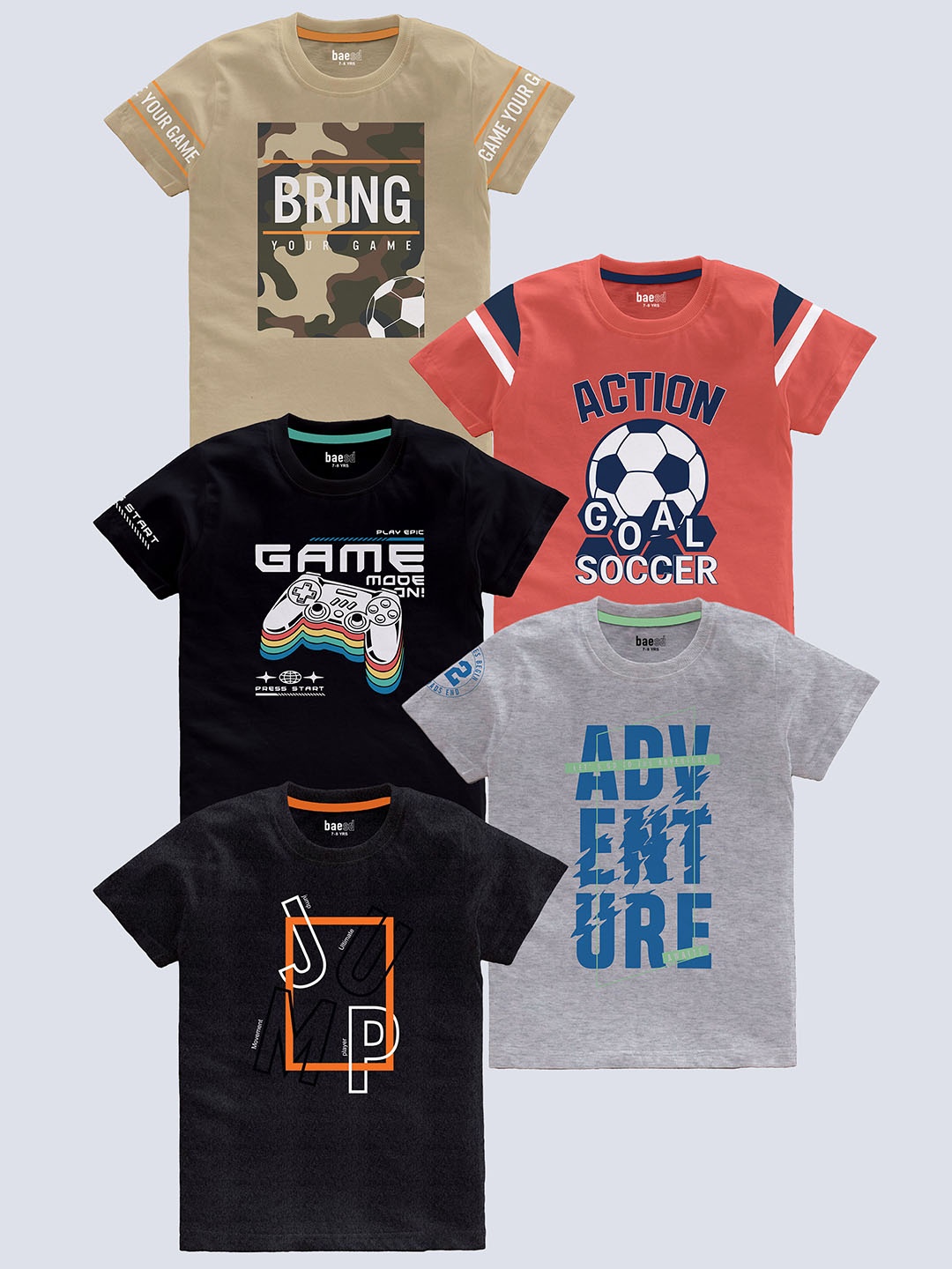 

BAESD Boys Pack Of 5 Typography Printed Pure Cotton T-shirt, Beige