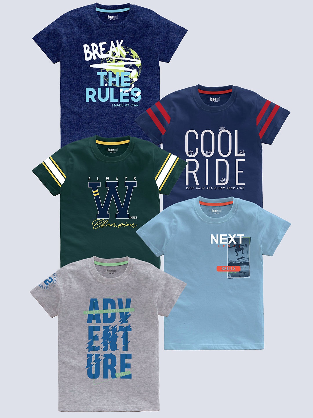 

BAESD Boys Pack Of 5 Typography Printed Pure Cotton T-shirt, Navy blue