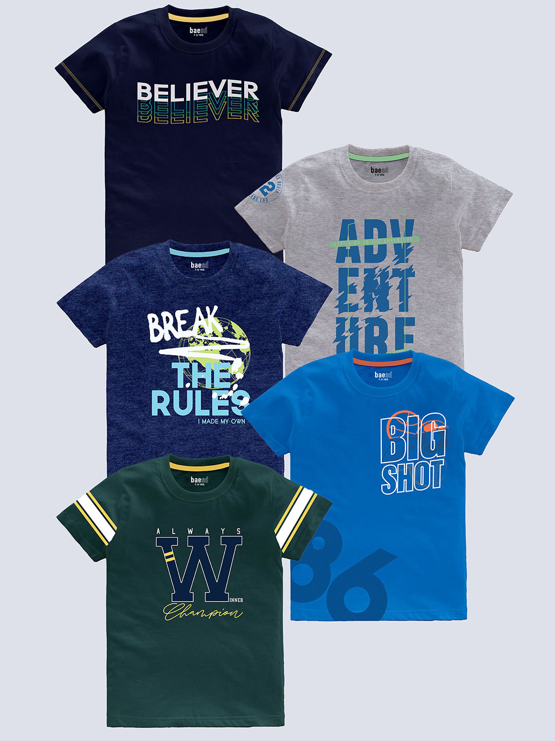 

BAESD Boys Pack Of 5 Typography Printed Pure Cotton T-shirt, Navy blue