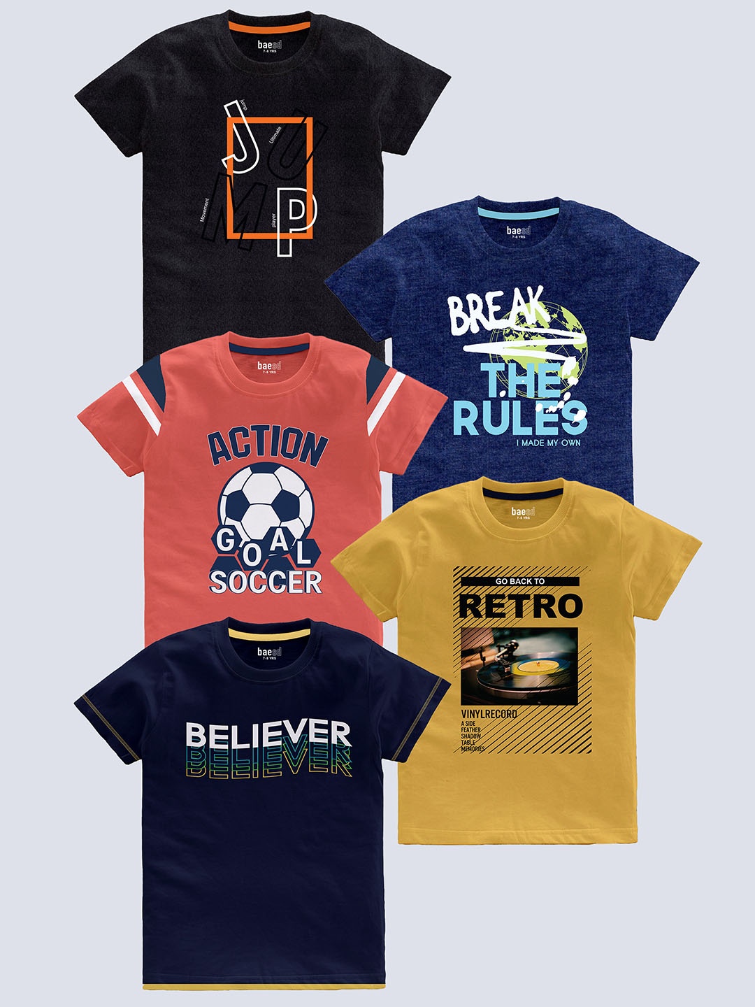 

BAESD Boys Pack Of 5 Typography Printed Round Neck Short Sleeves Pure Cotton T-shirt, Black