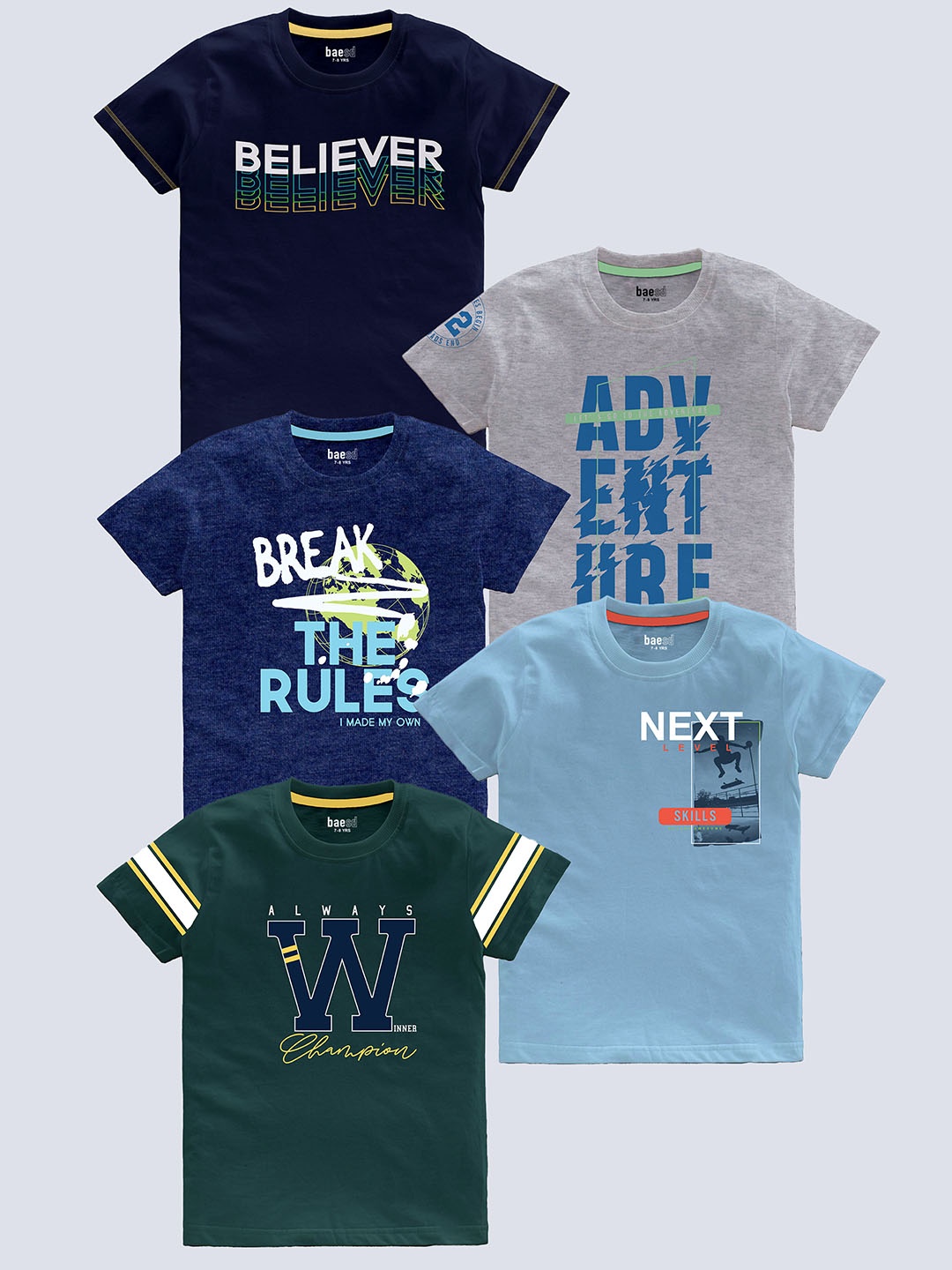 

BAESD Boys Pack Of 5 Typography Printed Pure Cotton T-shirts, Navy blue