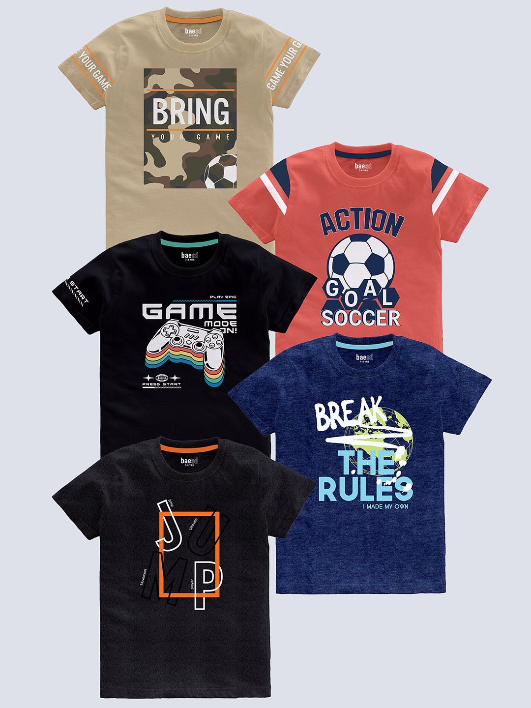 

BAESD Boys Pack Of 5 Typography Printed Pure Cotton T-shirt, Beige