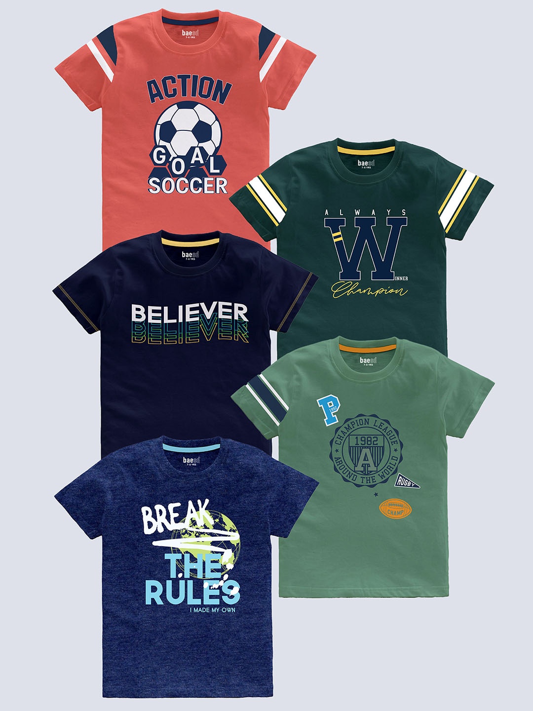 

BAESD Boys Pack Of 5 Typography Printed Pure Cotton T-shirt, Green
