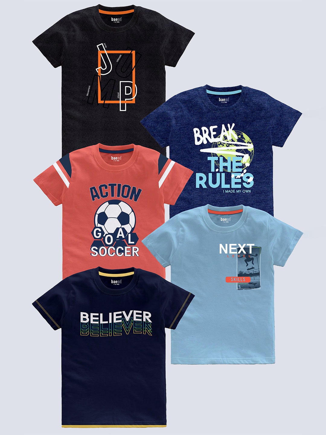 

BAESD Boys Pack Of 5 Printed Cotton Regular T-shirts, Coral