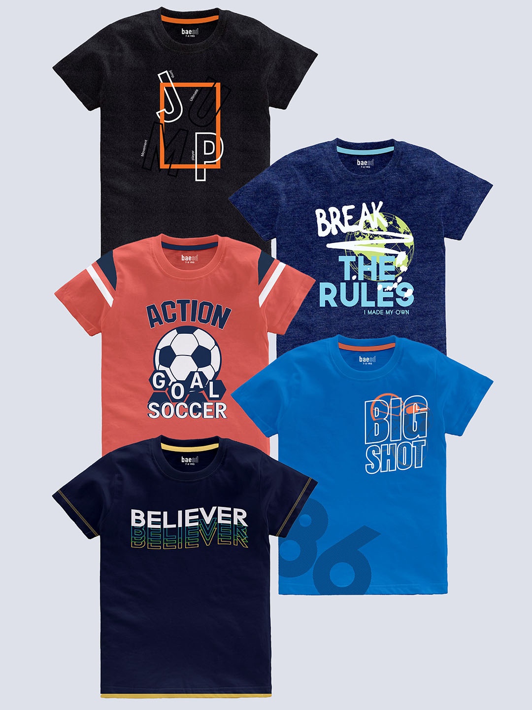 

BAESD Boys Pack Of 5 Typography Printed Round Neck Cotton Regular T-shirt, Black