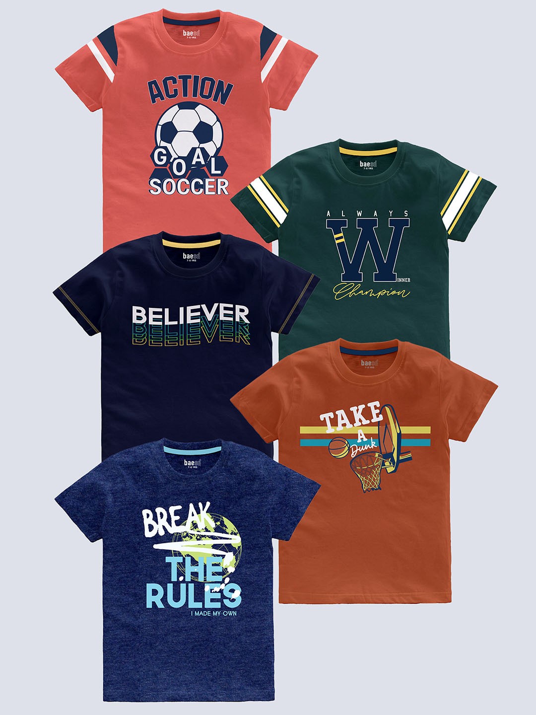 

BAESD Boys Pack Of 5 Printed Cotton Regular T-shirts, Green