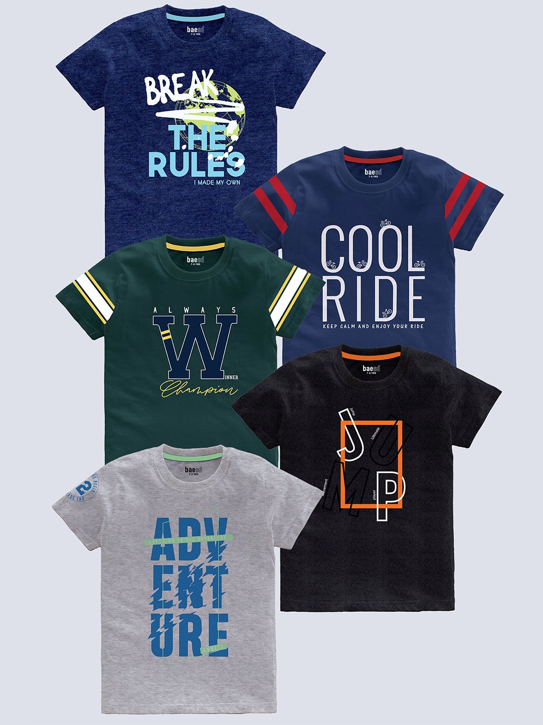 

BAESD Boys Pack Of 5 Typography Printed T-shirt, Black
