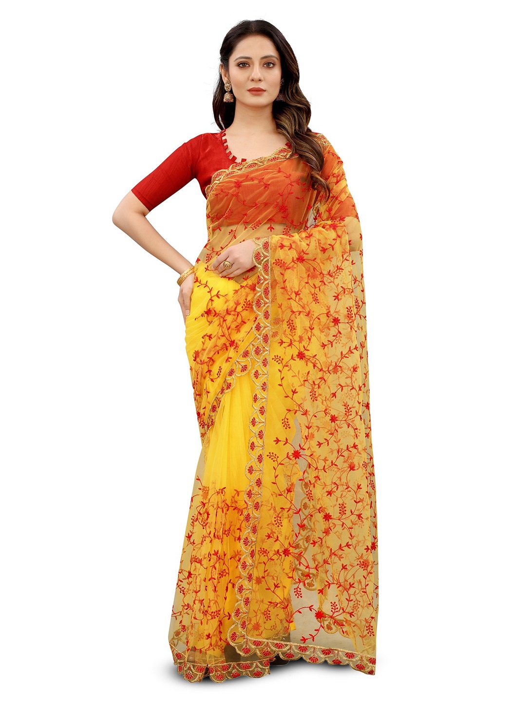 

BARKIYA CREATION Floral Embroidered Net Saree, Yellow