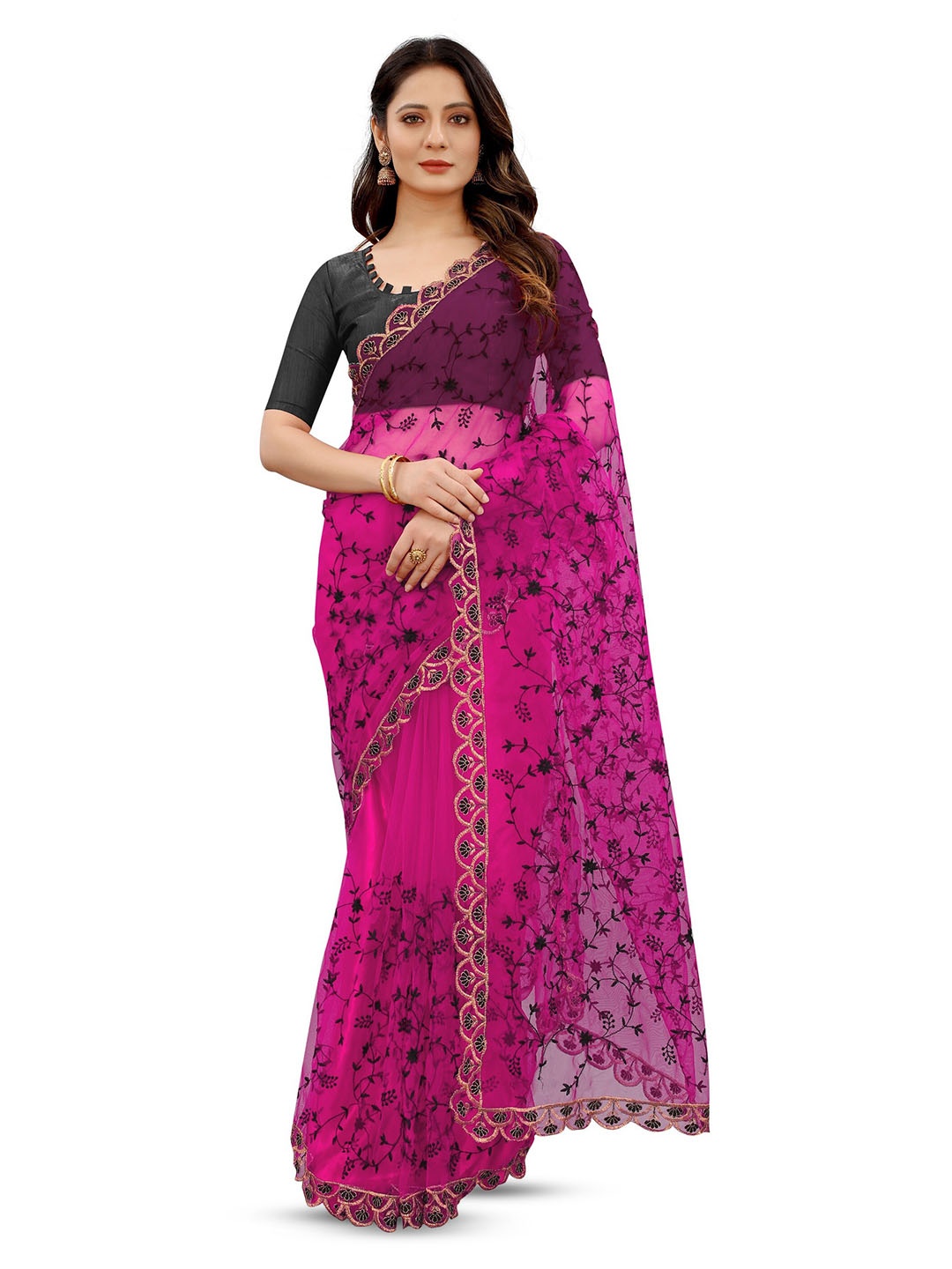 

BARKIYA CREATION Floral Embroidered Net Saree, Pink