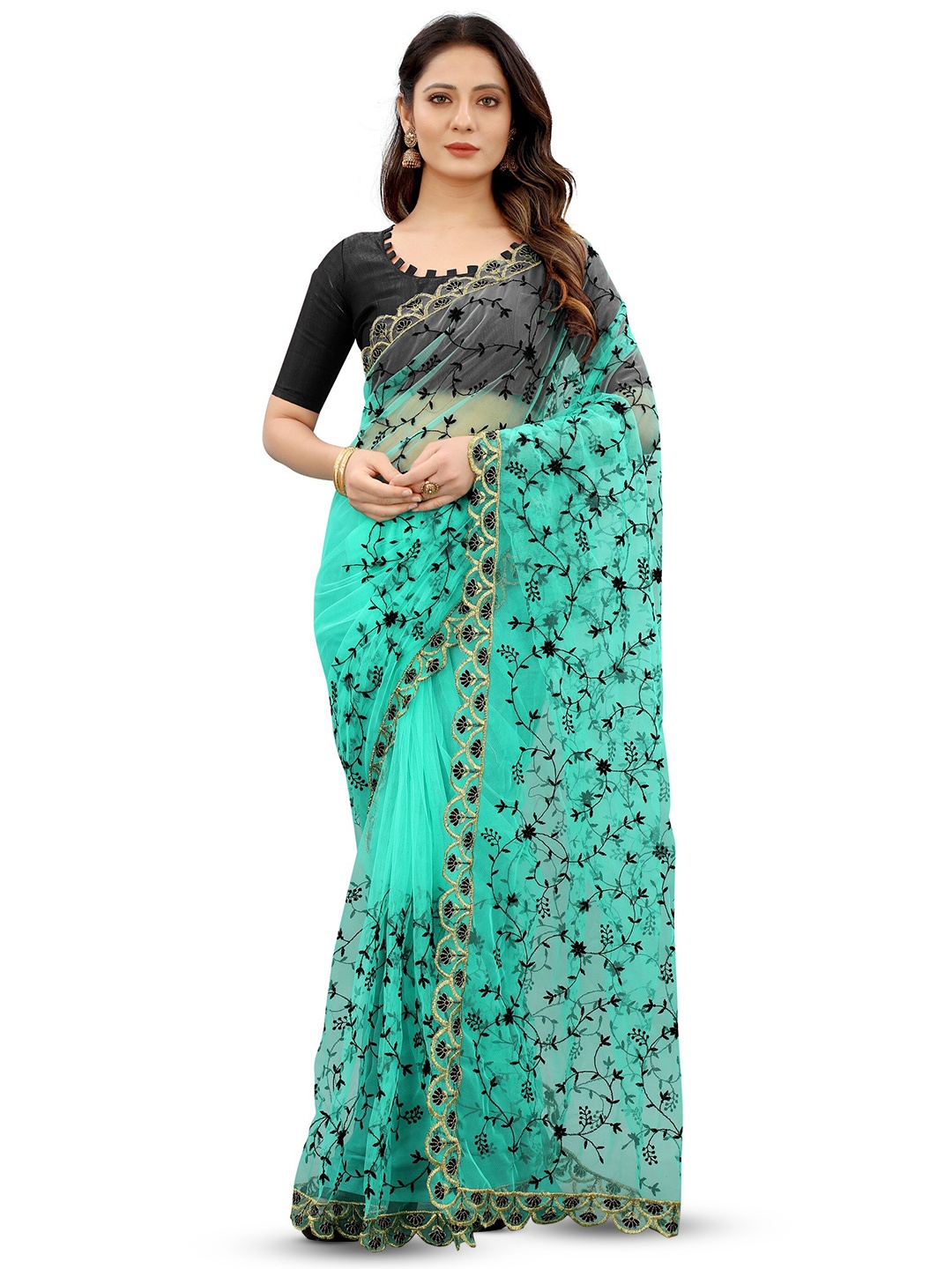 

BARKIYA CREATION Ethnic Motifs Embroidered Net Saree, Turquoise blue