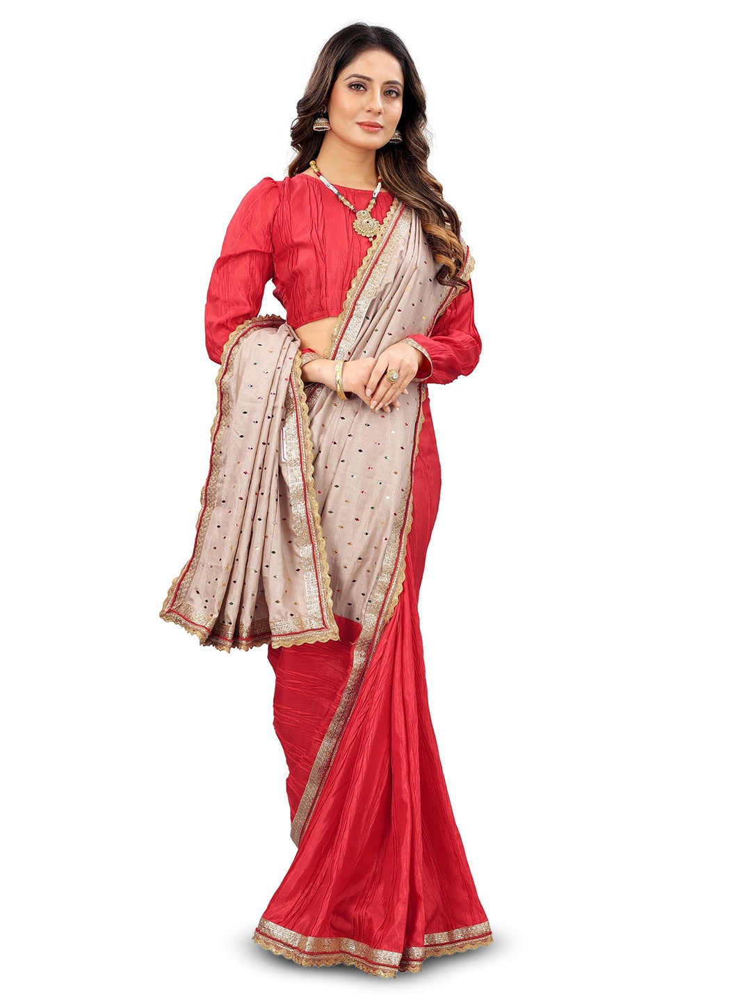 

BARKIYA CREATION Embellished Sequinned Pure Silk Half and Half Saree, Red