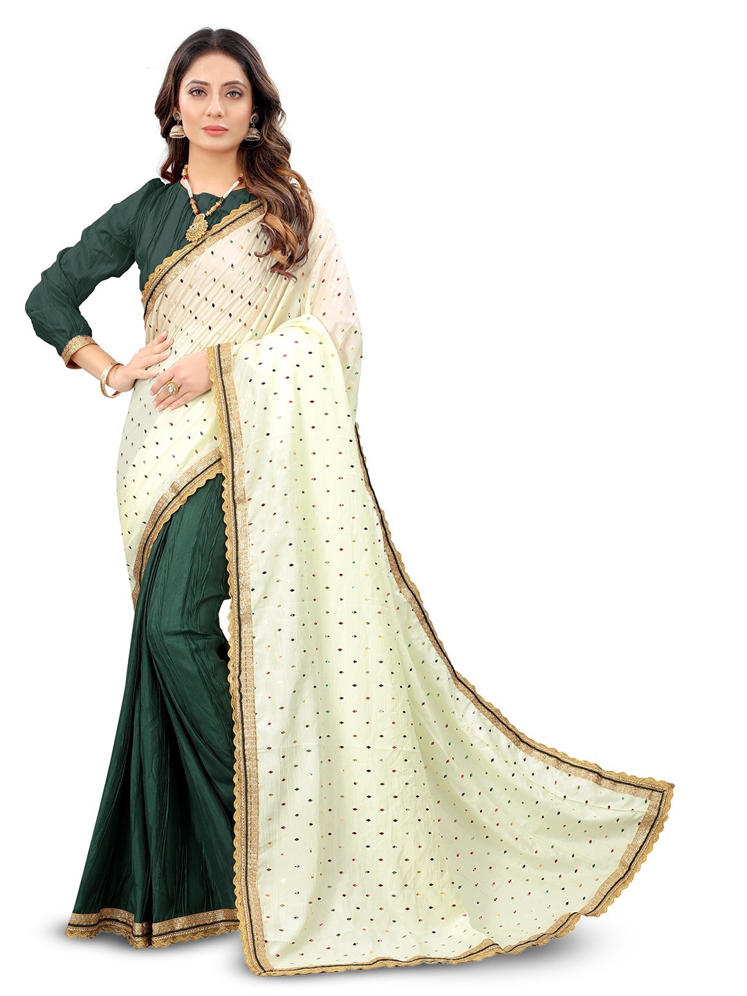 

BARKIYA CREATION Embellished Sequinned Pure Silk Half and Half Saree, Green