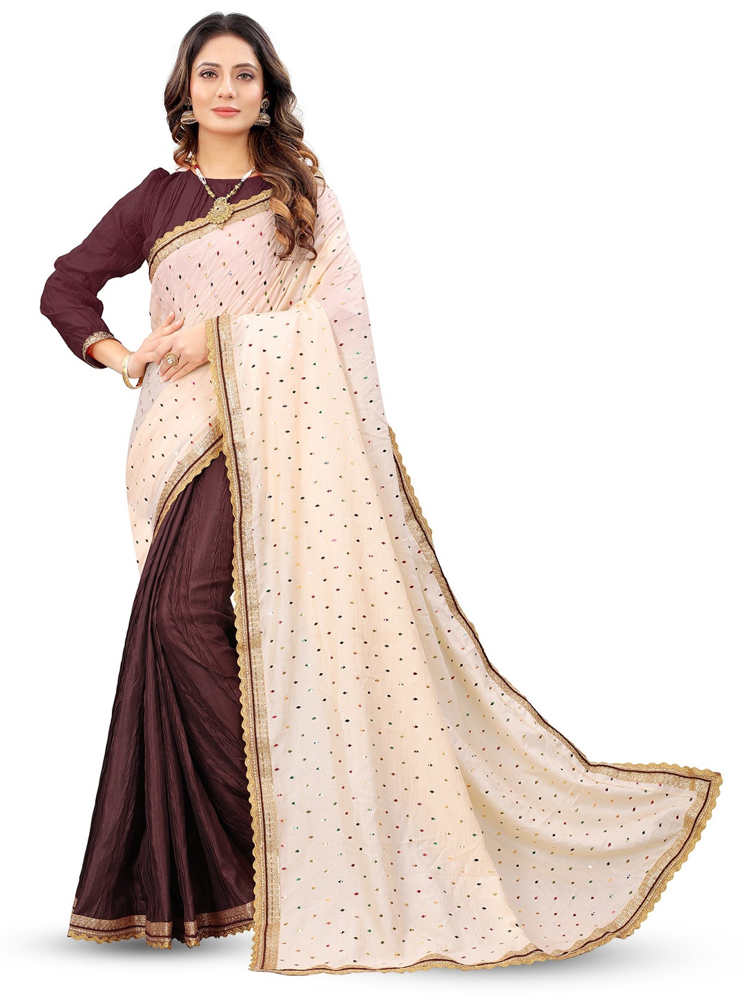 

BARKIYA CREATION Embellished Sequinned Pure Silk Half and Half Saree, Brown