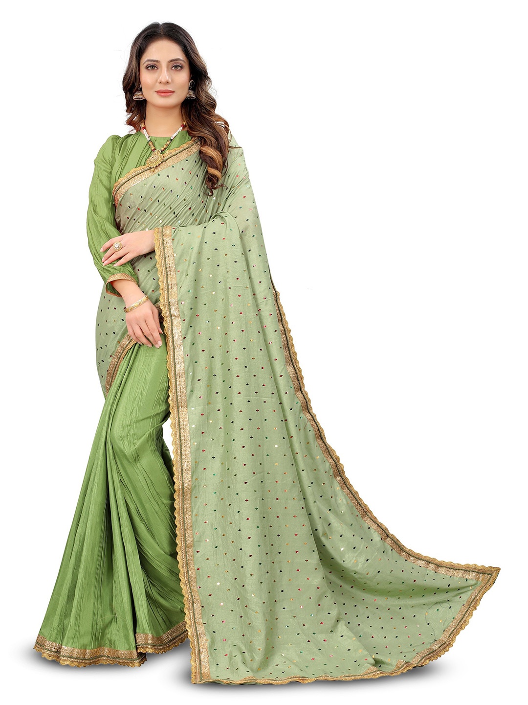 

BARKIYA CREATION Embellished Sequinned Pure Silk Half and Half Saree, Sea green