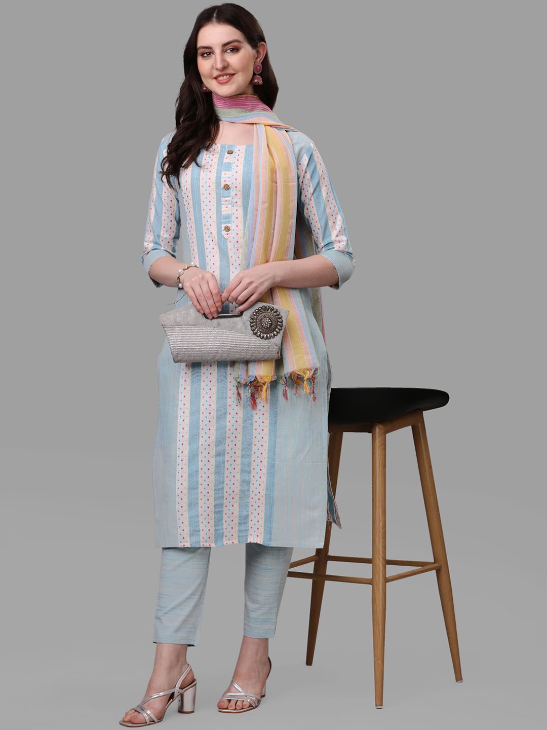 

Anouk White & Blue Woven Design Pure Cotton Kurta with Trousers & Dupatta
