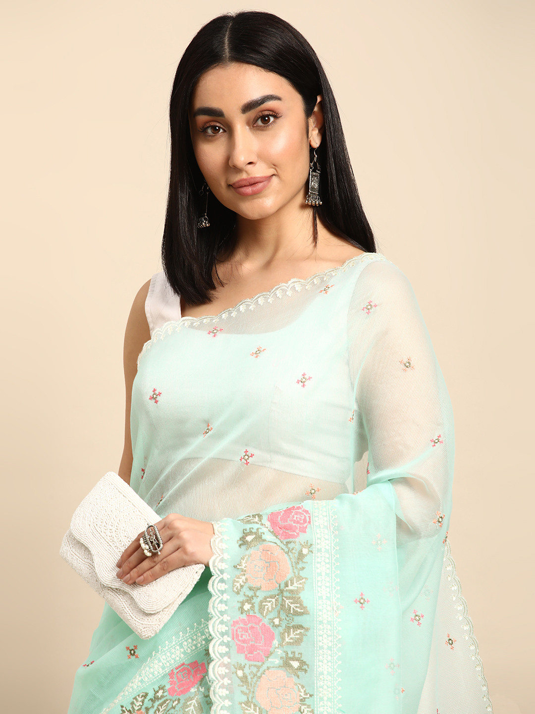 

Kalyan Silks Ethnic Motifs Embroidered Net Kota Saree, Sea green