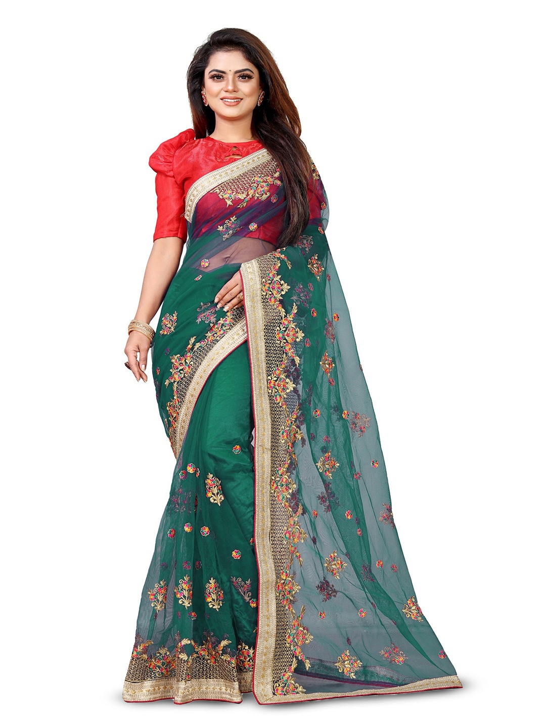 

BARKIYA CREATION Floral Embroidered Net Saree, Green