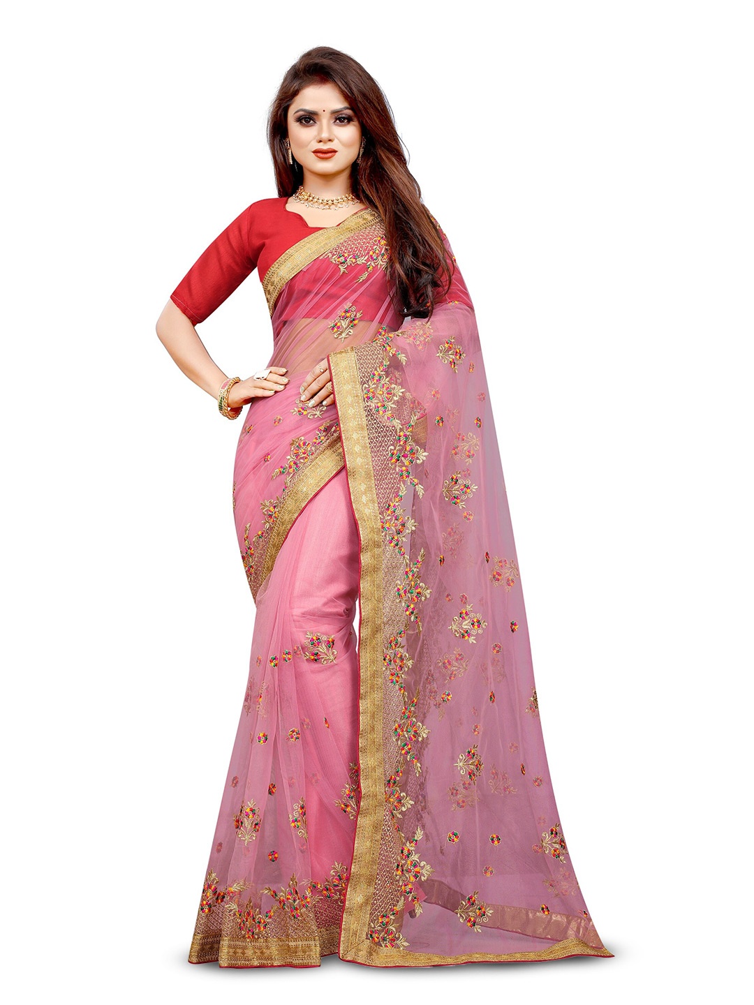 

BARKIYA CREATION Floral Embroidered Net Saree, Pink