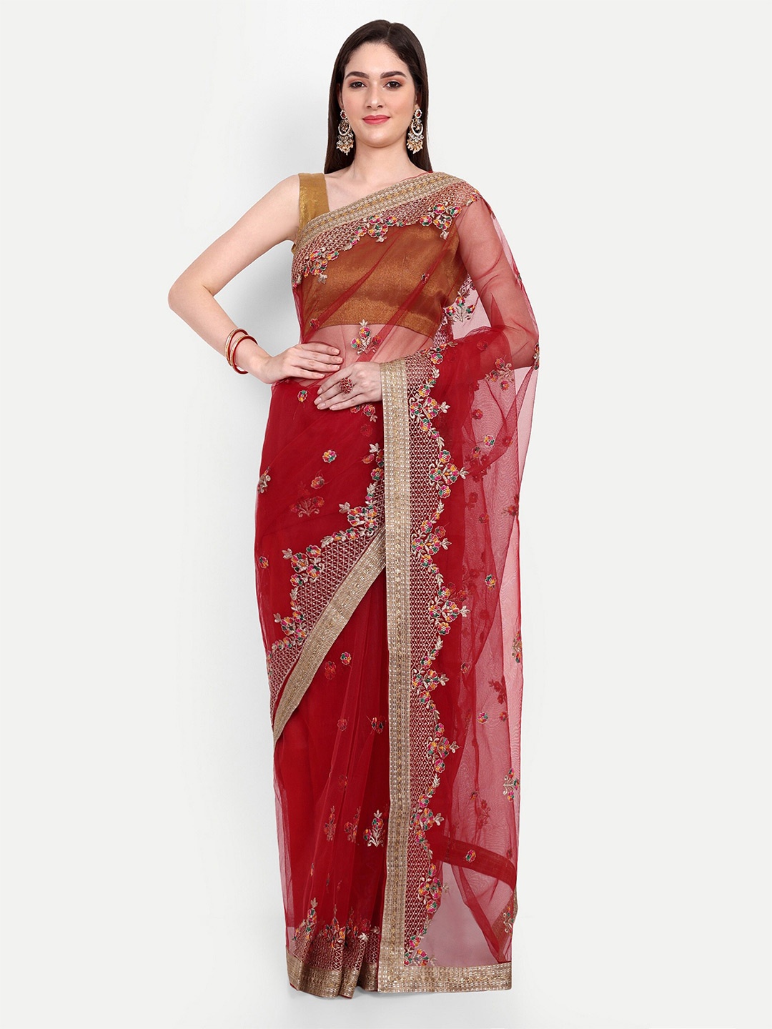 

BARKIYA CREATION Ethnic Motifs Embellished Zari Net Saree, Red