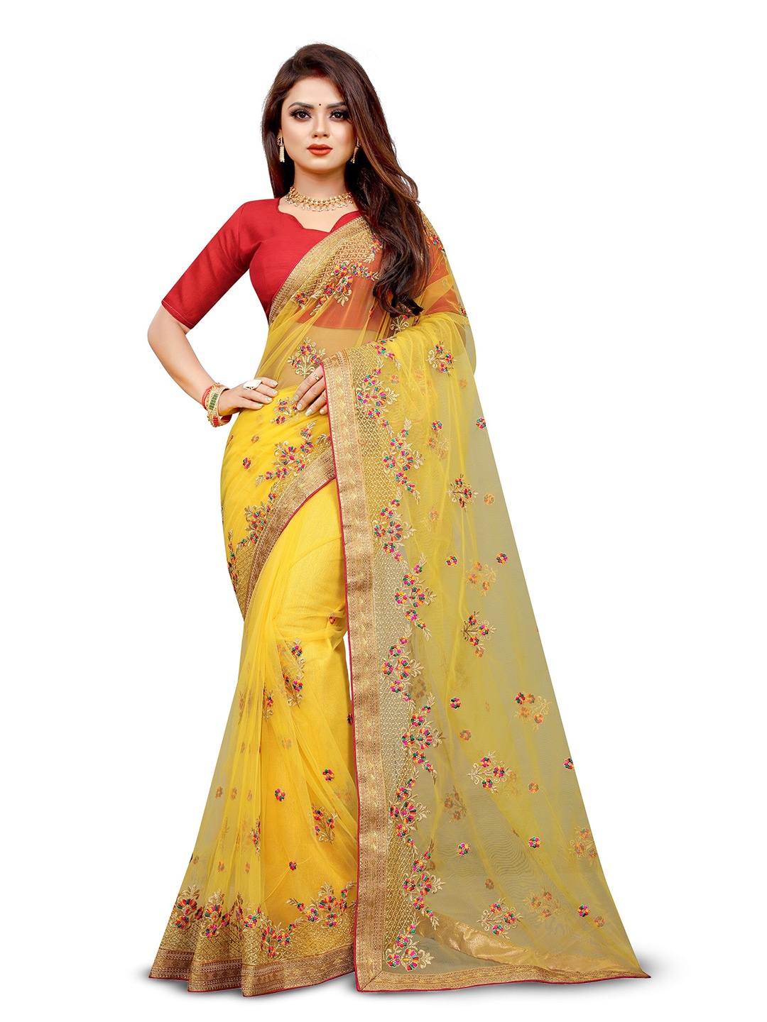 

BARKIYA CREATION Ethnic Motifs Embroidered Net Saree, Yellow