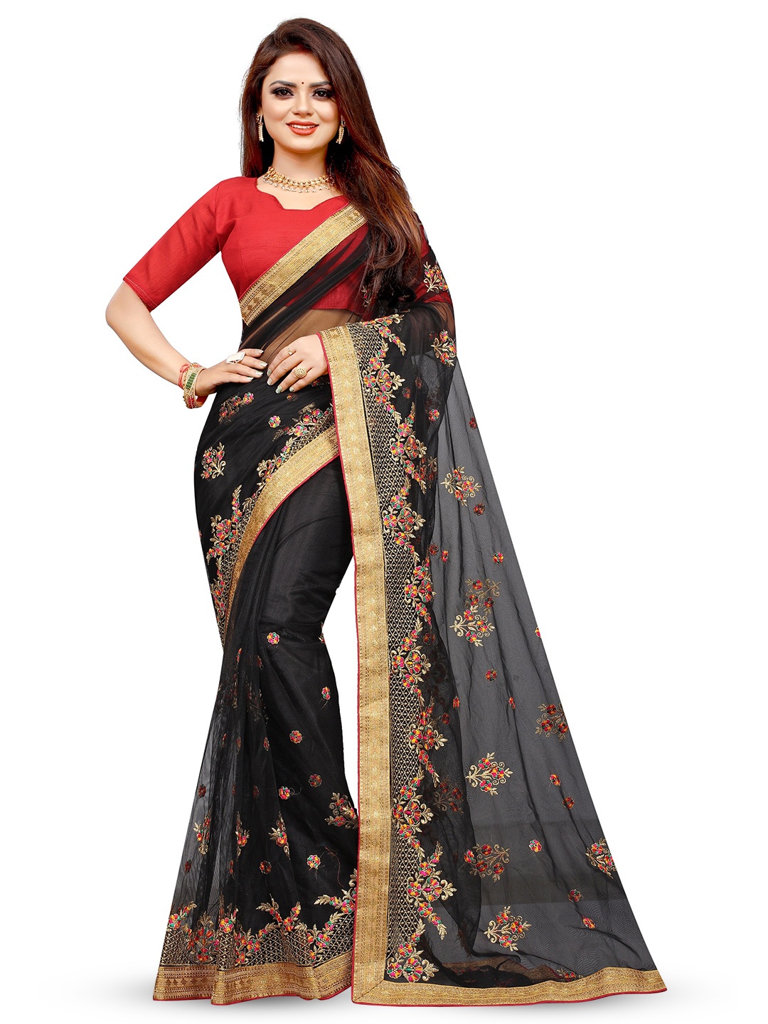 

BARKIYA CREATION Ethnic Motifs Embroidered Net Saree, Black