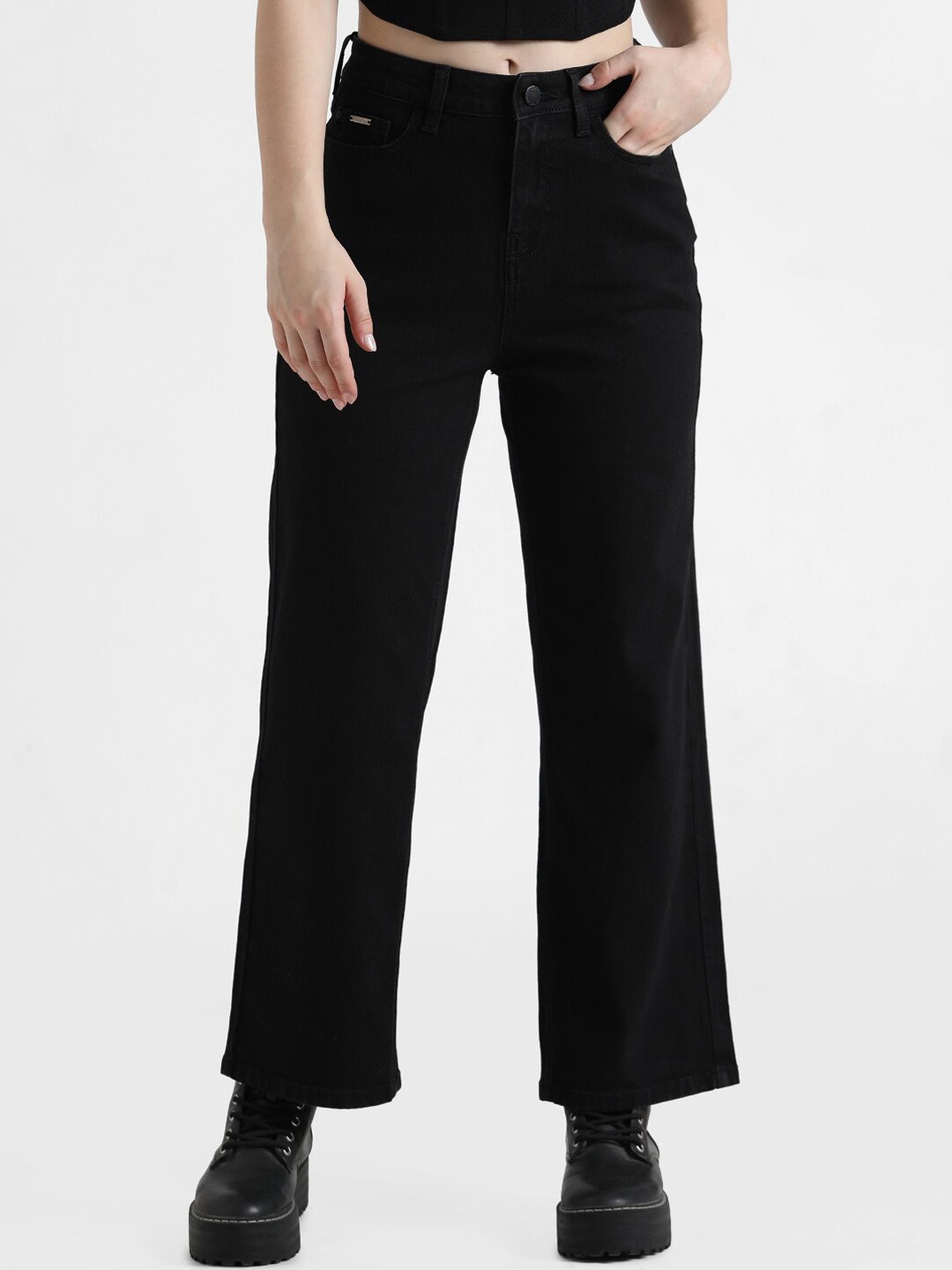 

ONLY Women Wide Leg High-Rise Stretchable Jeans, Black