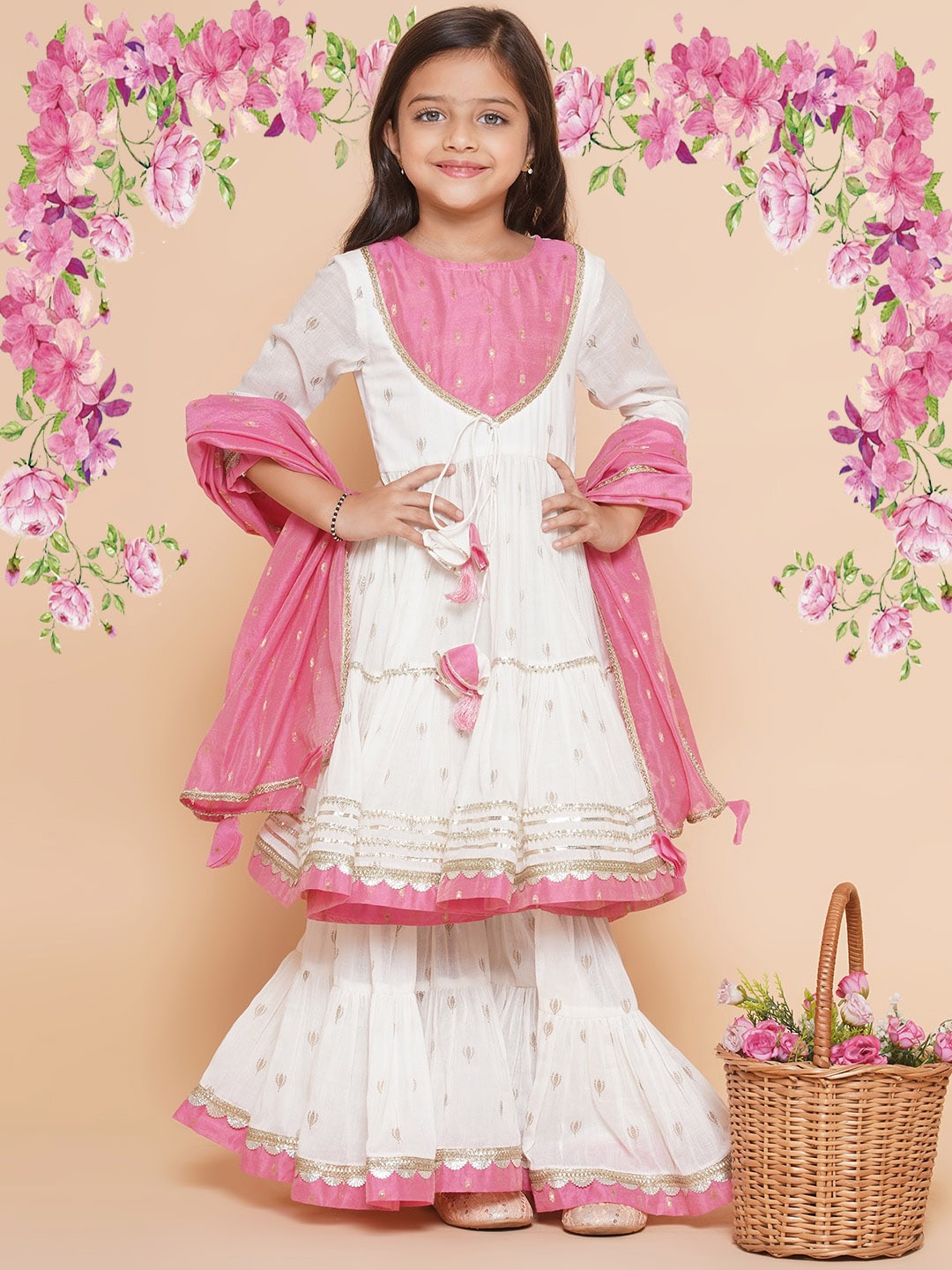 

Bitiya by Bhama Girls Ethnic Motif Woven Design Pure Cotton Kurta With Sharara & Dupatta, White