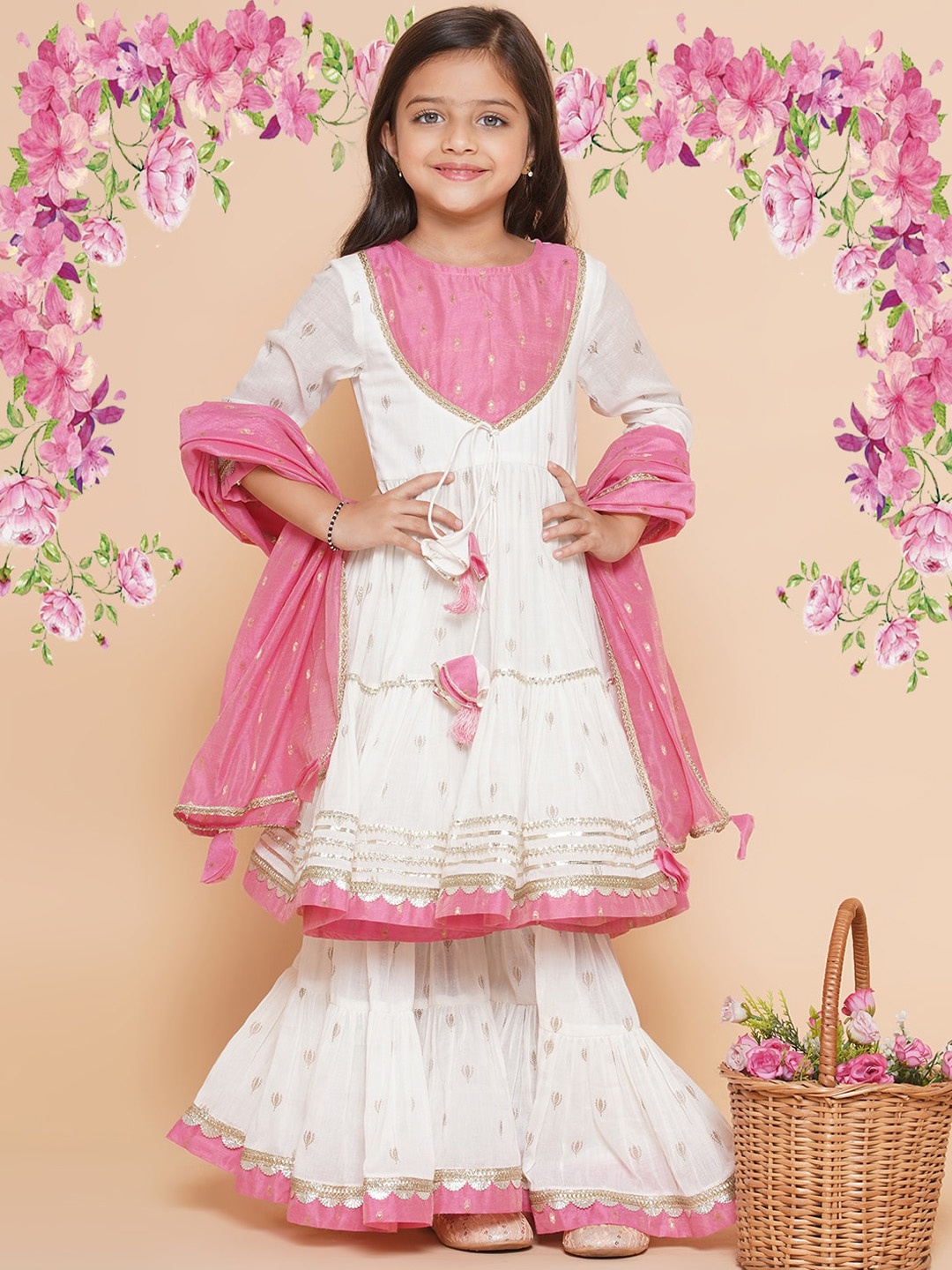

Bitiya by Bhama Girls Ethnic Motif Woven Design Pure Cotton Kurta With Sharara & Dupatta, White