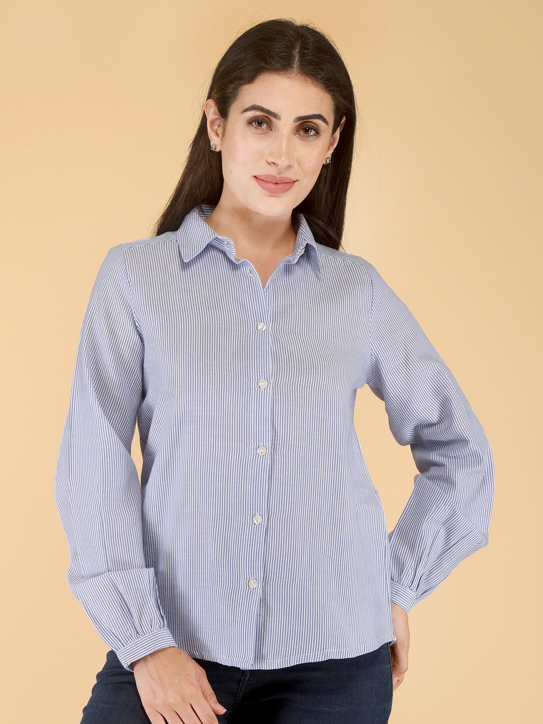 

HERE&NOW Sky Blue Standard Regular Fit Pinstripes Striped Cotton Casual Shirt