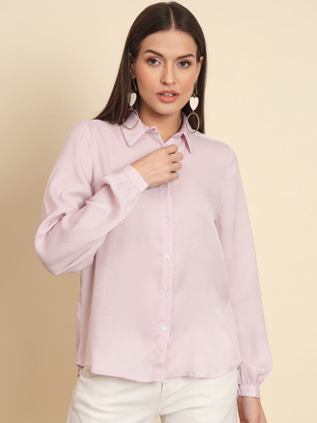 

HERE&NOW Pink Standard Regular Fit Spread Collar Cotton Casual Shirt