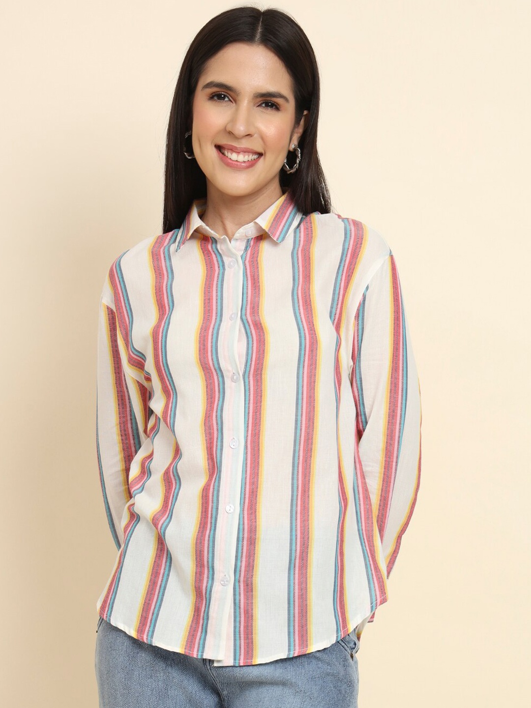 

HERE&NOW White Standard Regular Fit Multi Stripes Striped Cotton Casual Shirt