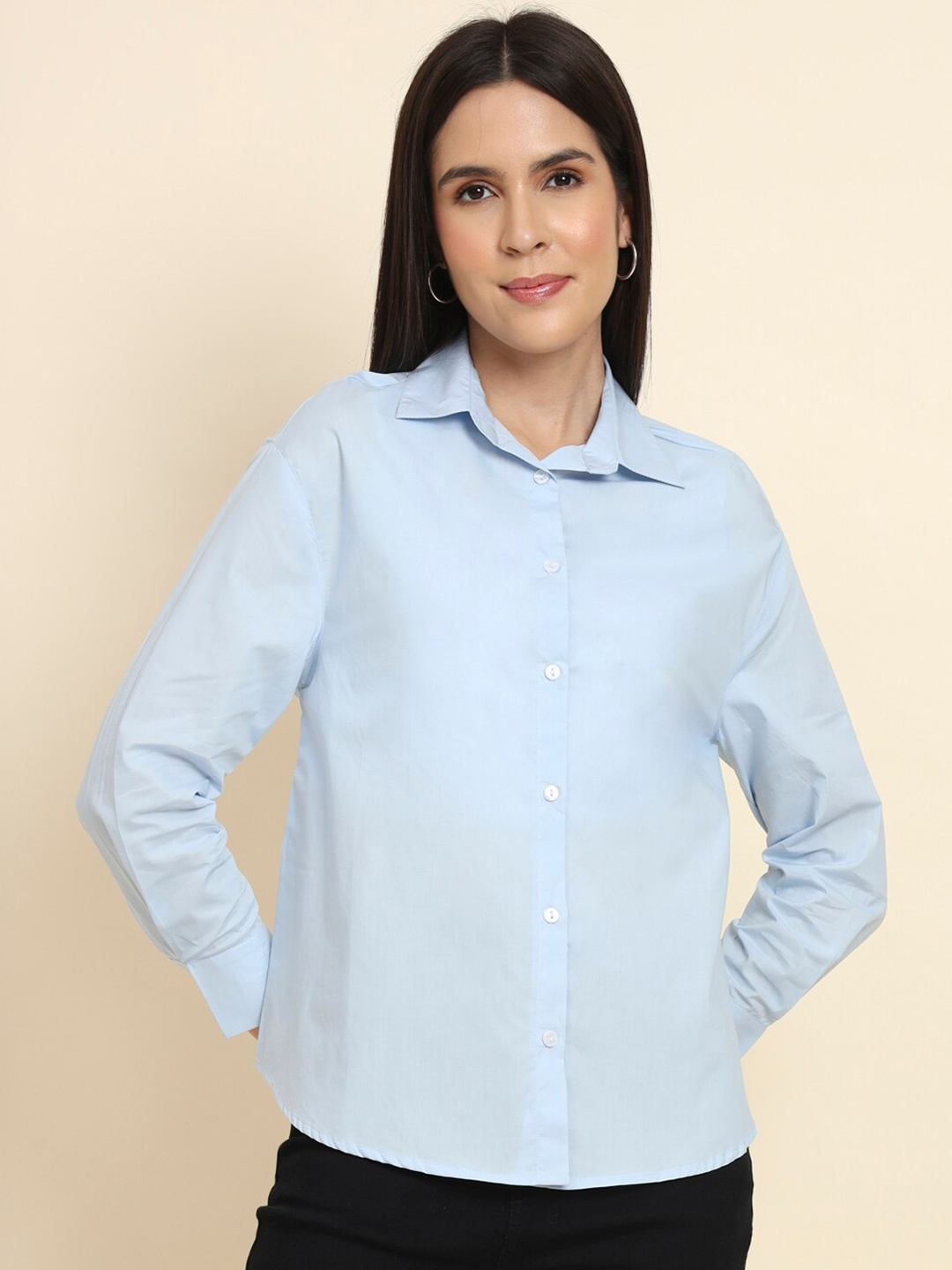 

HERE&NOW Blue Standard Regular Fit Spread Collar Cotton Casual Shirt
