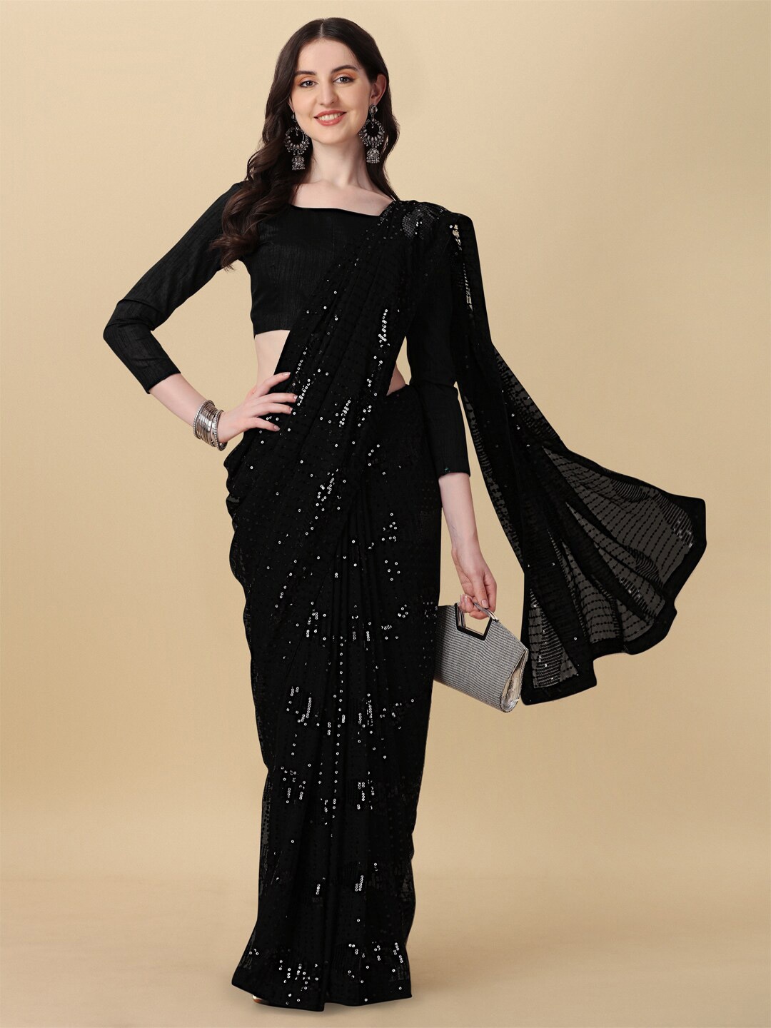 

Fab Viva Embellished Sequinned Pure Georgette Saree, Black