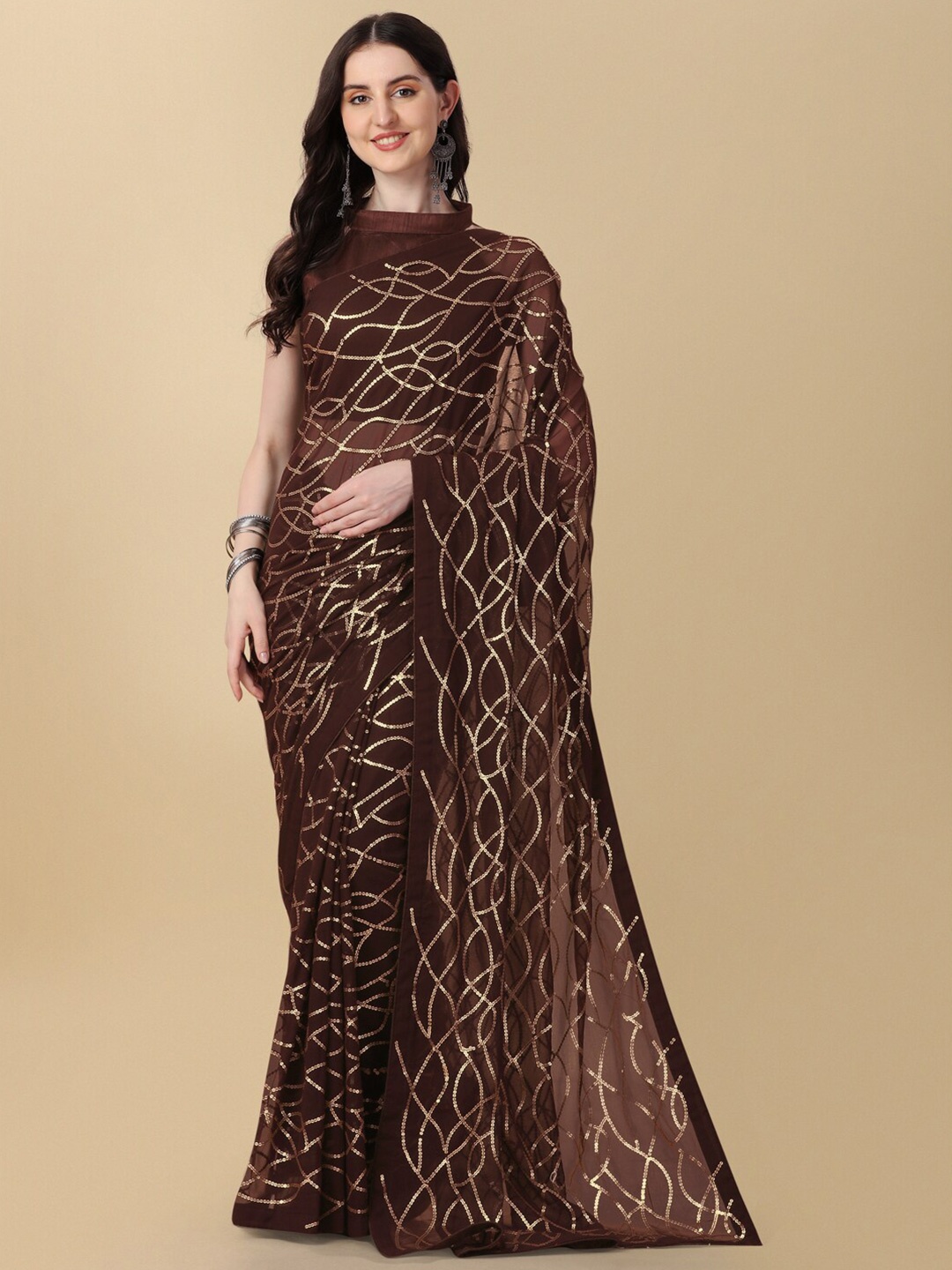 

Fab Viva Embellished Sequinned Pure Georgette Saree, Brown