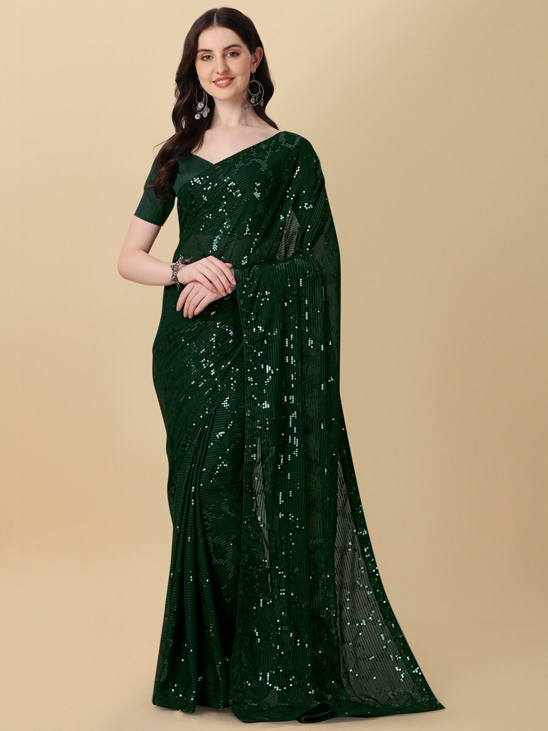 

Fab Viva Embellished Sequinned Pure Georgette Saree, Green