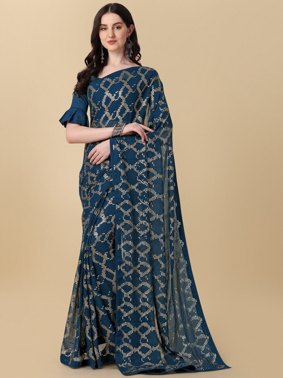 

Fab Viva Embellished Sequinned Pure Georgette Saree, Teal