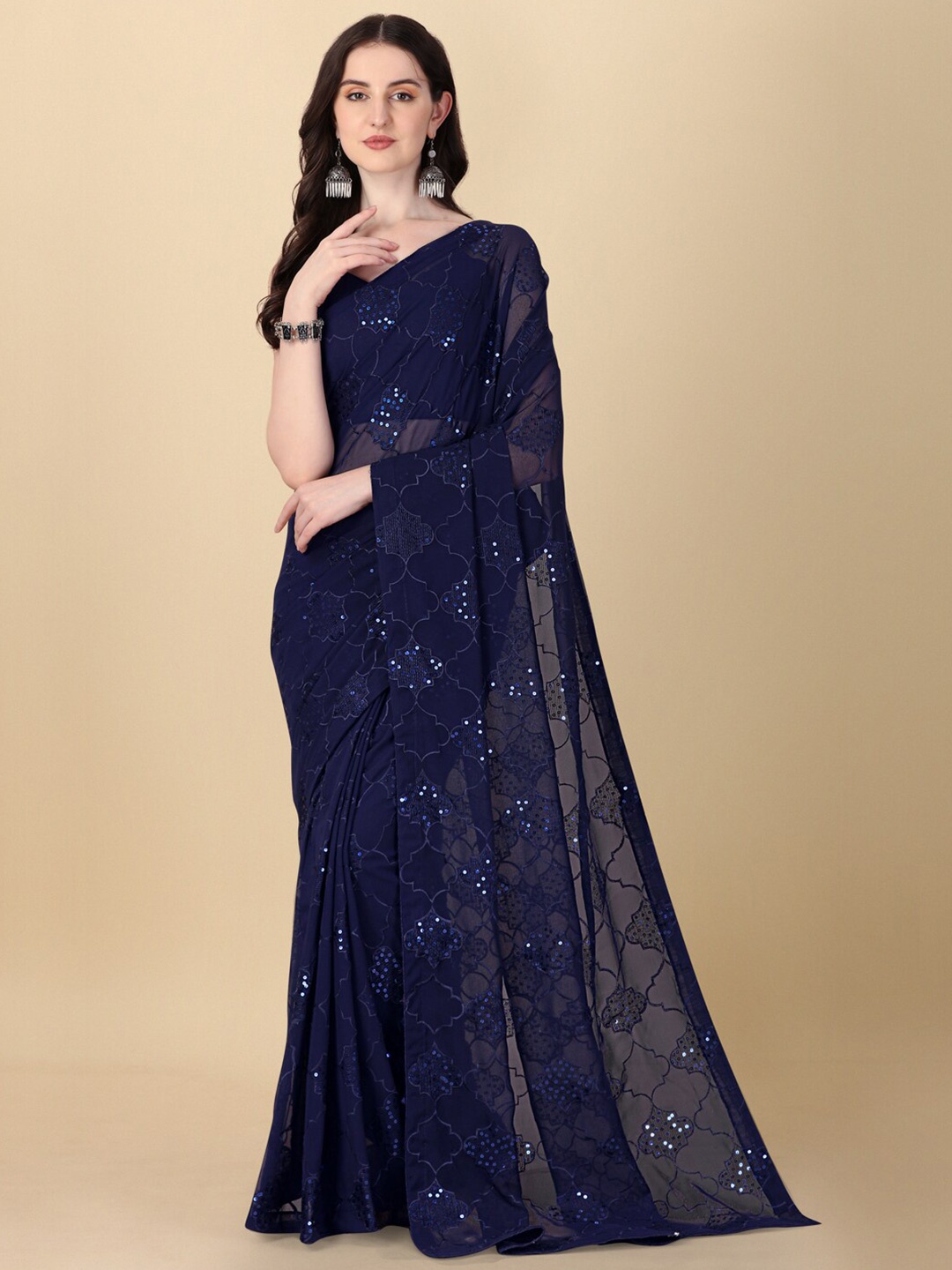 

Fab Viva Embroidered Sequinned Pure Georgette Saree, Navy blue