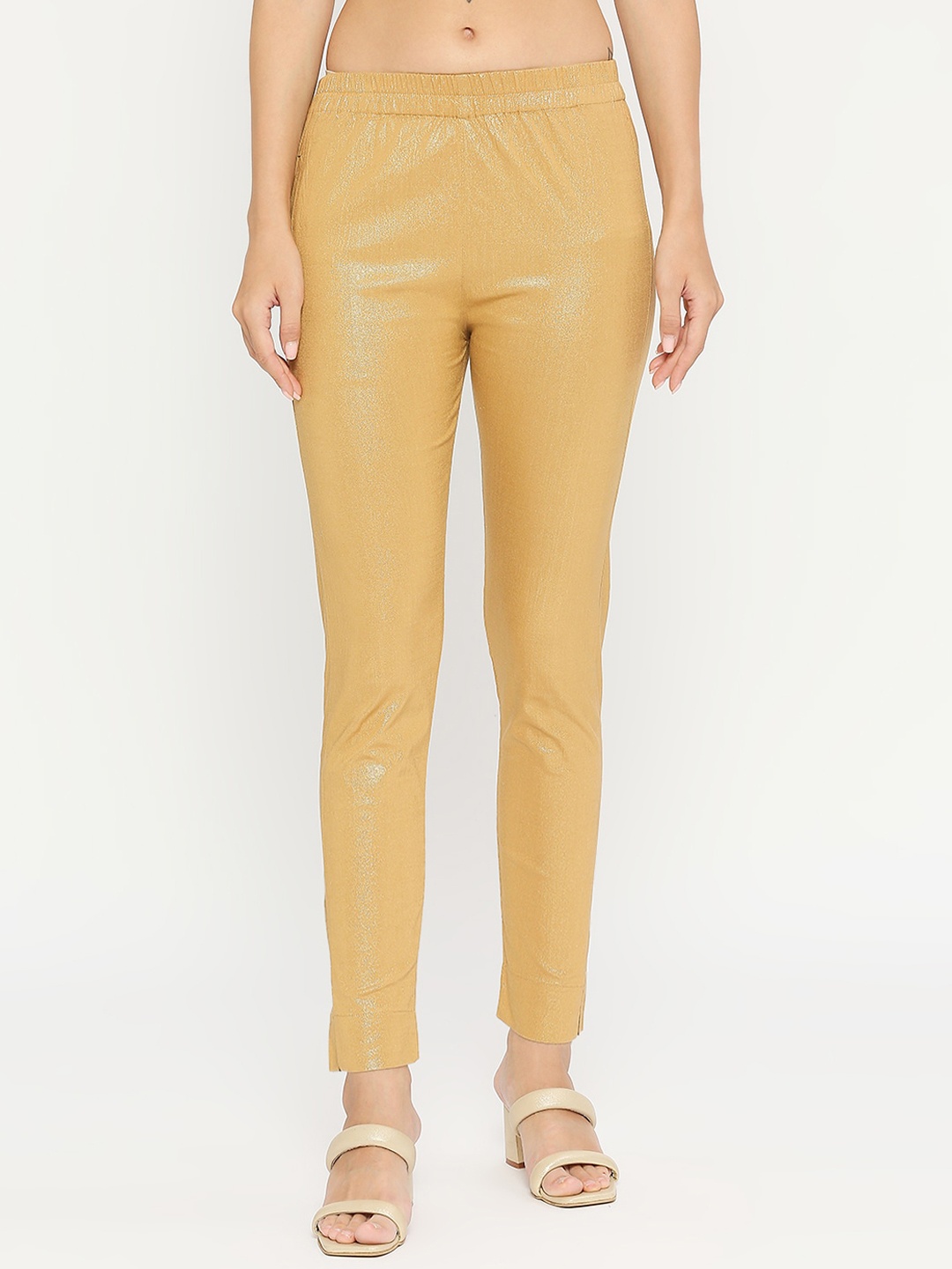 

ZRI Women Plain Regular Fit Cotton Cigarette Trousers, Gold