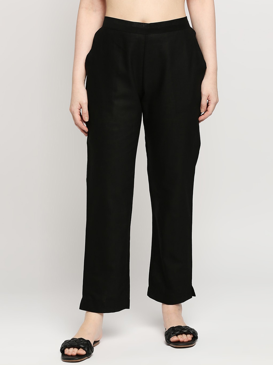 

ZRI Women Plain Regular Fit Cotton Parallel Trousers, Black