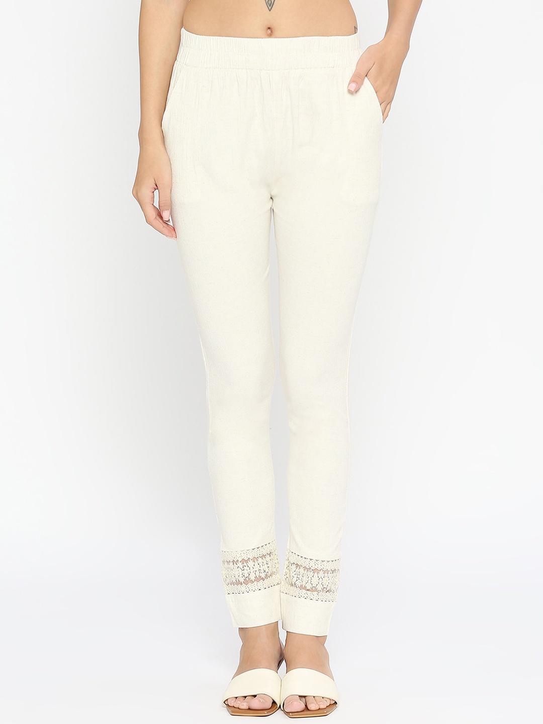 

ZRI Women Plain Regular Fit Cotton Cigarette Trousers, Cream