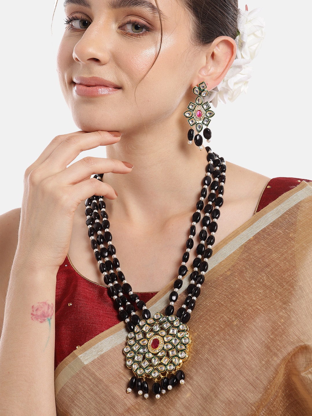 

Anouk Women Gold-Plated Kundan Studded Layered Necklace with Earrings, Black