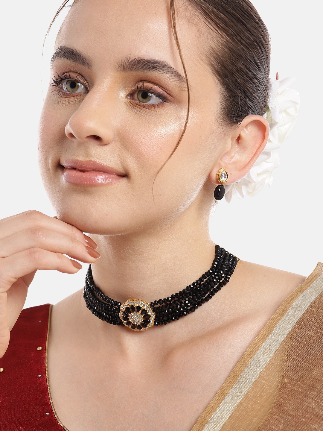 

Anouk Women Gold-Plated Kundan & AD Studded Choker Necklace with Earrings, Black