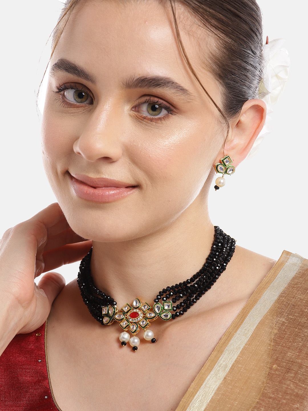 

Anouk Women Gold-Plated Kundan & AD Studded Choker Necklace with Earrings, Black