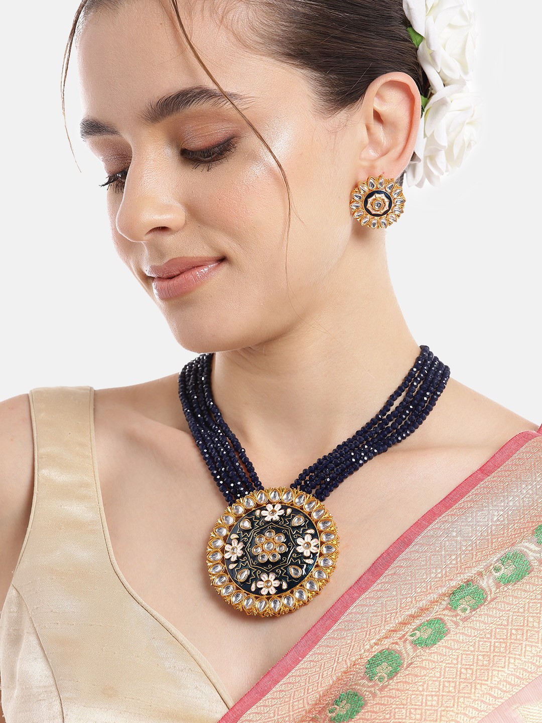 

Anouk Women Gold-Plated Kundan & Pearl Studded Necklace with Earrings, Navy blue