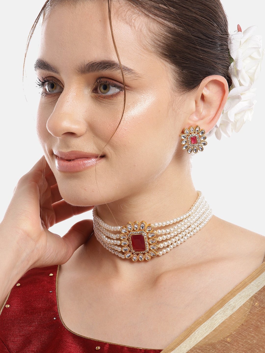 

Anouk Women Gold-Plated Kundan & AD Studded Choker Necklace with Earrings, Red