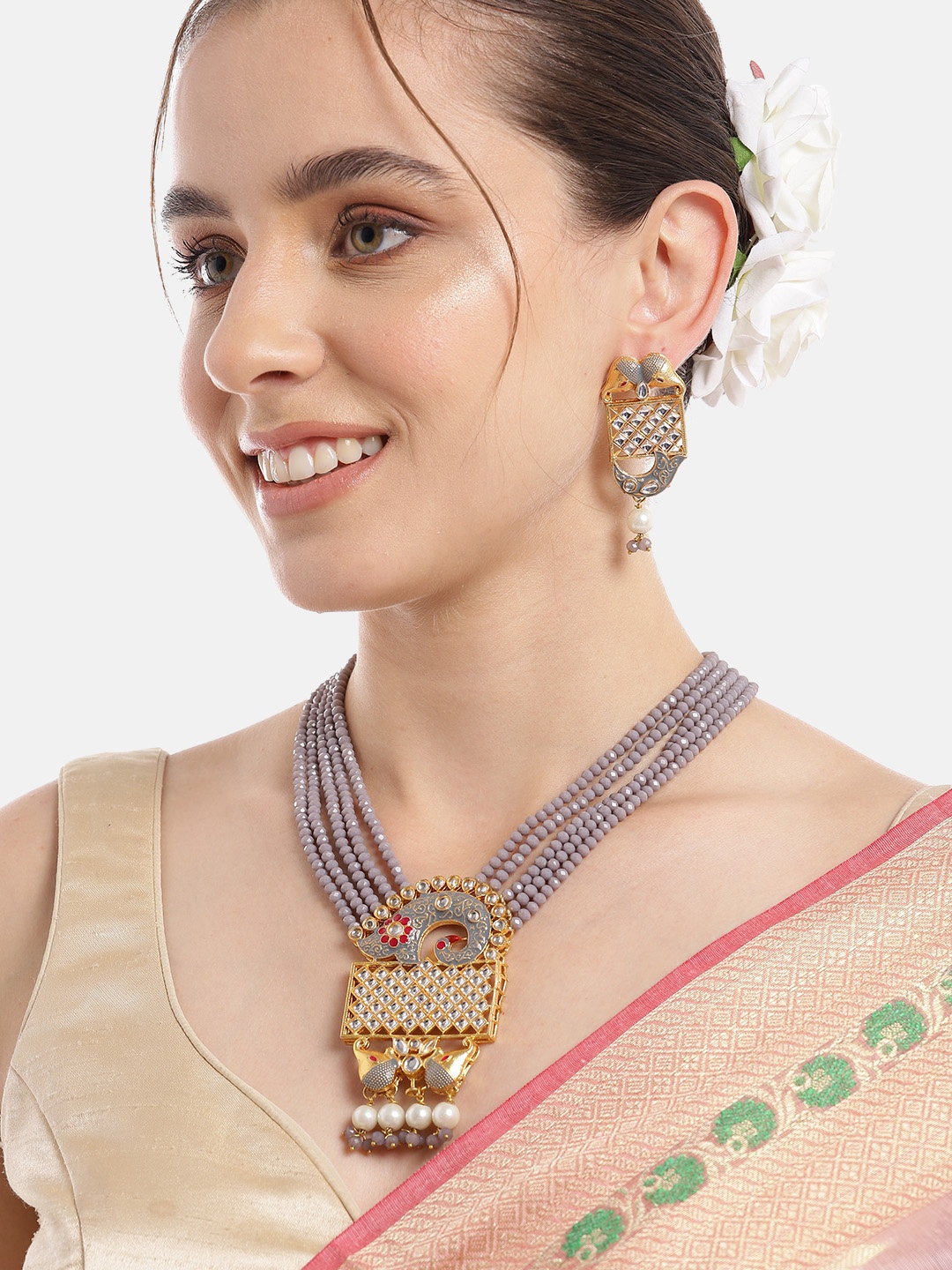 

Anouk Women Gold-Plated Kundan & Pearl Studded Layered Necklace with Earrings, Grey