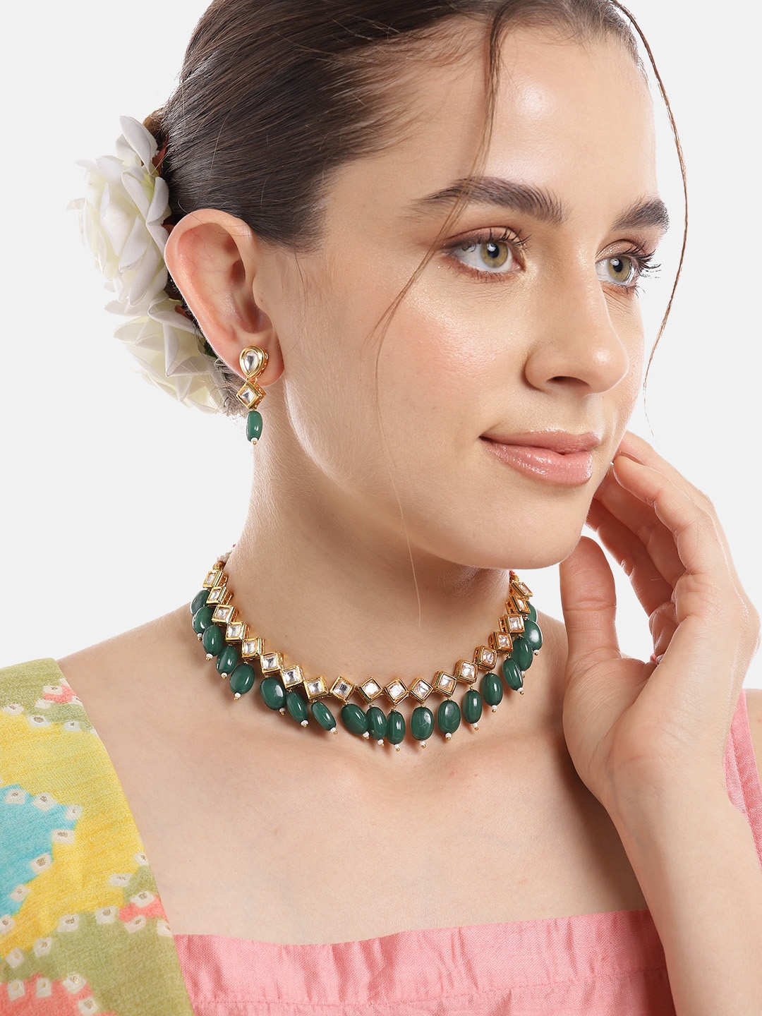 

Anouk Women Gold-Plated Kundan Studded Choker Necklace with Earrings, Green