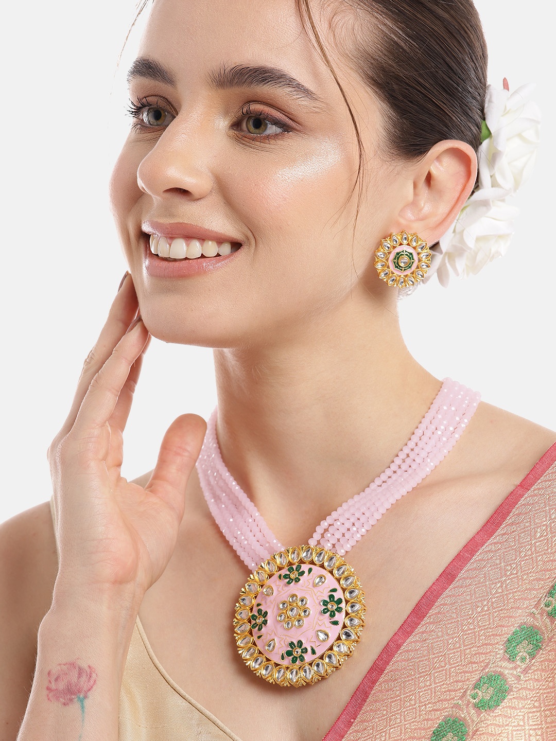 

Anouk Women Gold-Plated Kundan Studded Layered Necklace with Earrings, Pink