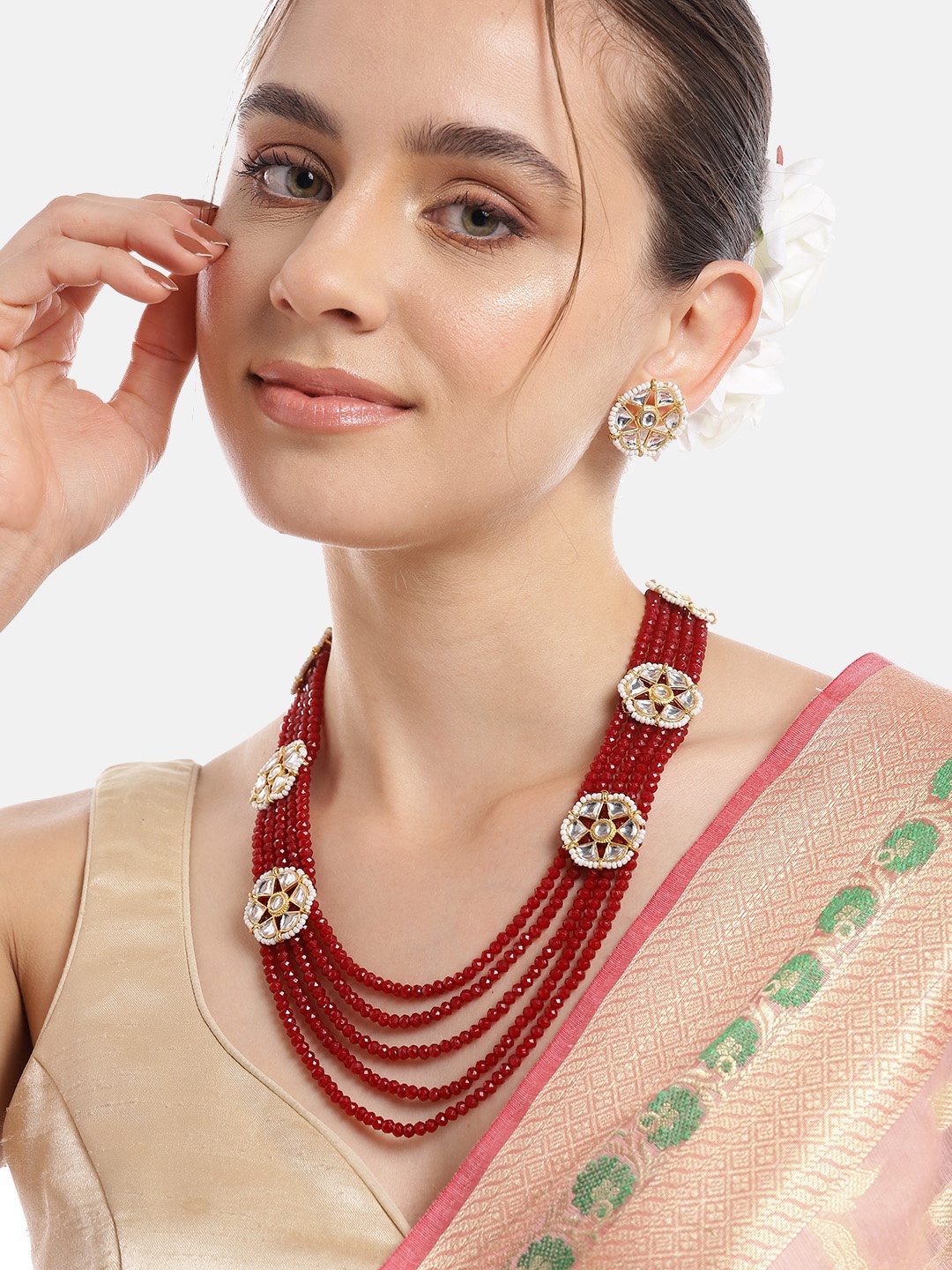 

Anouk Women Gold-Plated Kundan Studded Necklace with Earrings, Red