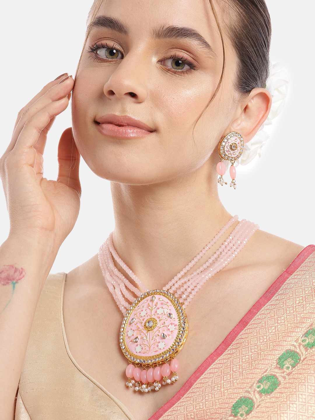 

Anouk Women Gold-Plated Kundan Studded Layered Necklace with Earrings, Pink